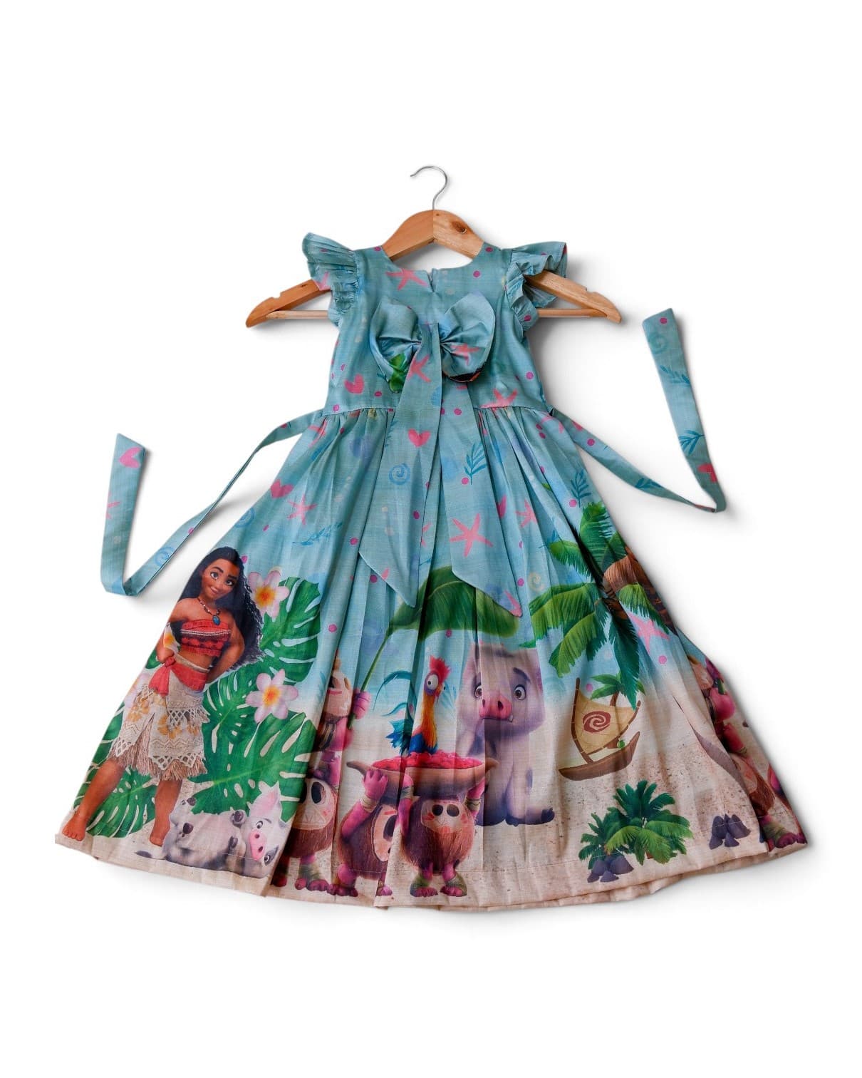 Sea Green Moana Cartoon Print Party Frock for Girls(3-4 yrs)