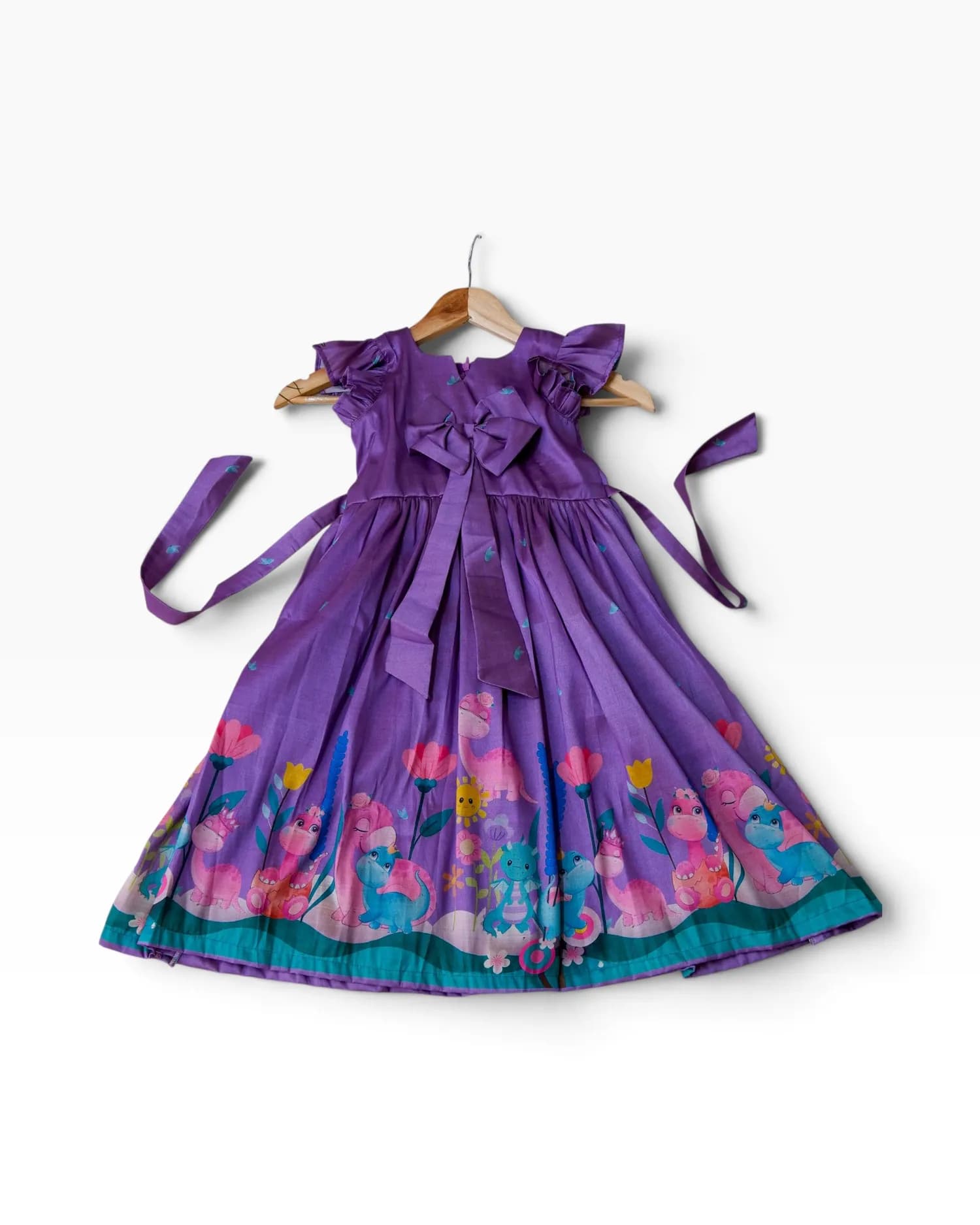 Purple Cute Dinosaur Print Party Frock for Girls(3-4 yrs)