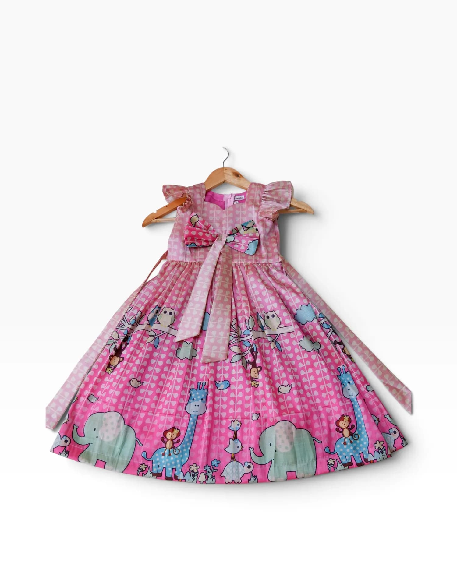 Pink Animal Print Bow Party Frock for Girls(3-4 yrs)