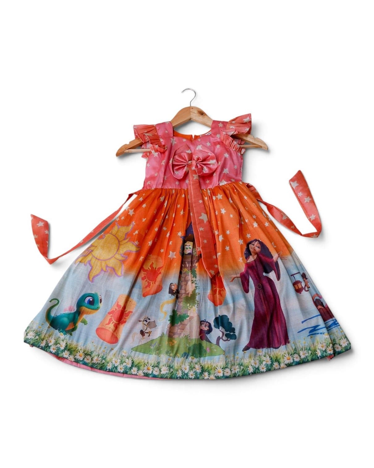 Pink & Orange Rapunzel Cartoon Print Party Frock for Girls(3-4 yrs)