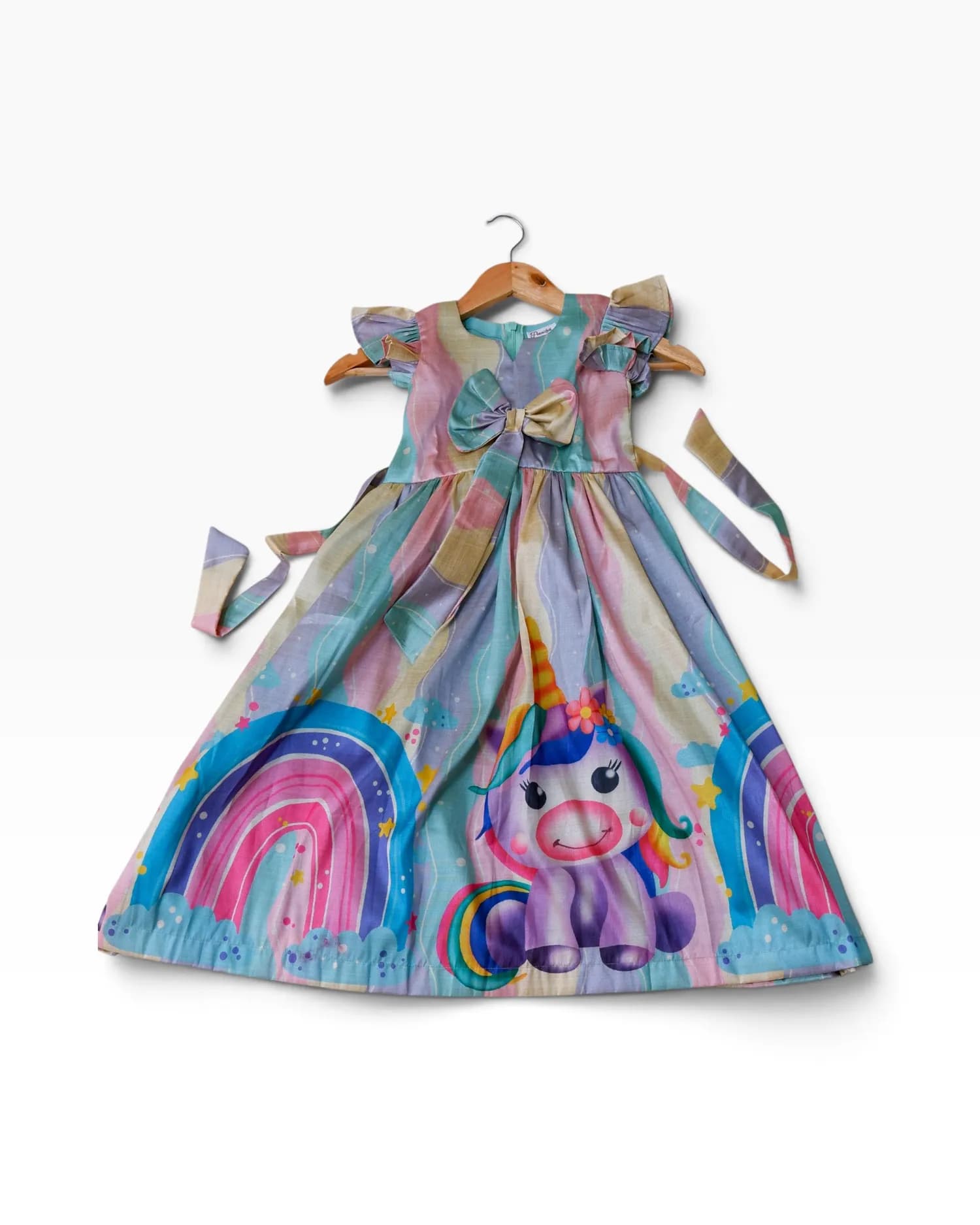 Pastel Rainbow Unicorn Print Party Frock for Girls(3-4 yrs)