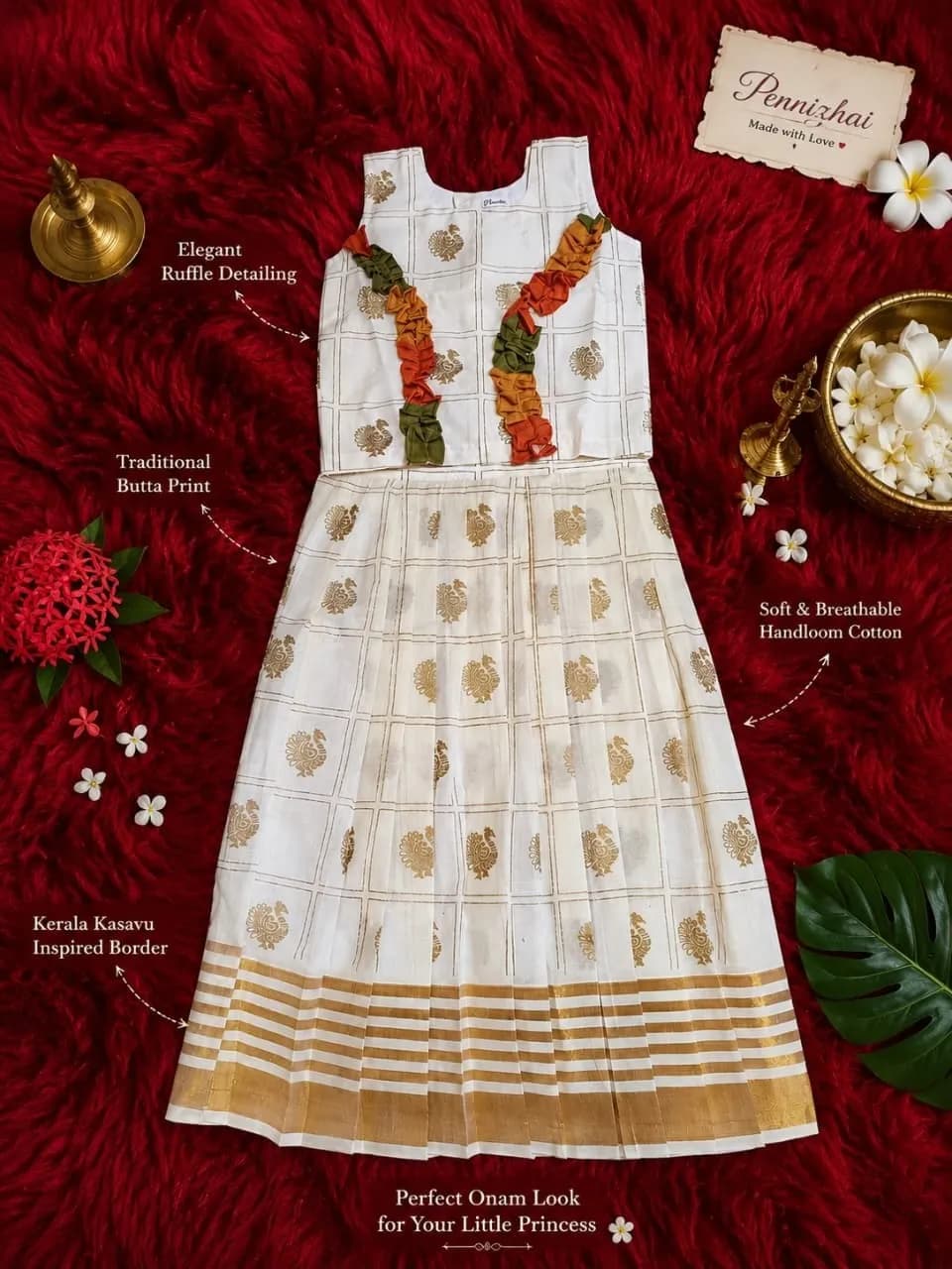 Kerala Kasavu Inspired Ruffle Frock Set for Little Princess(3-4 yrs)