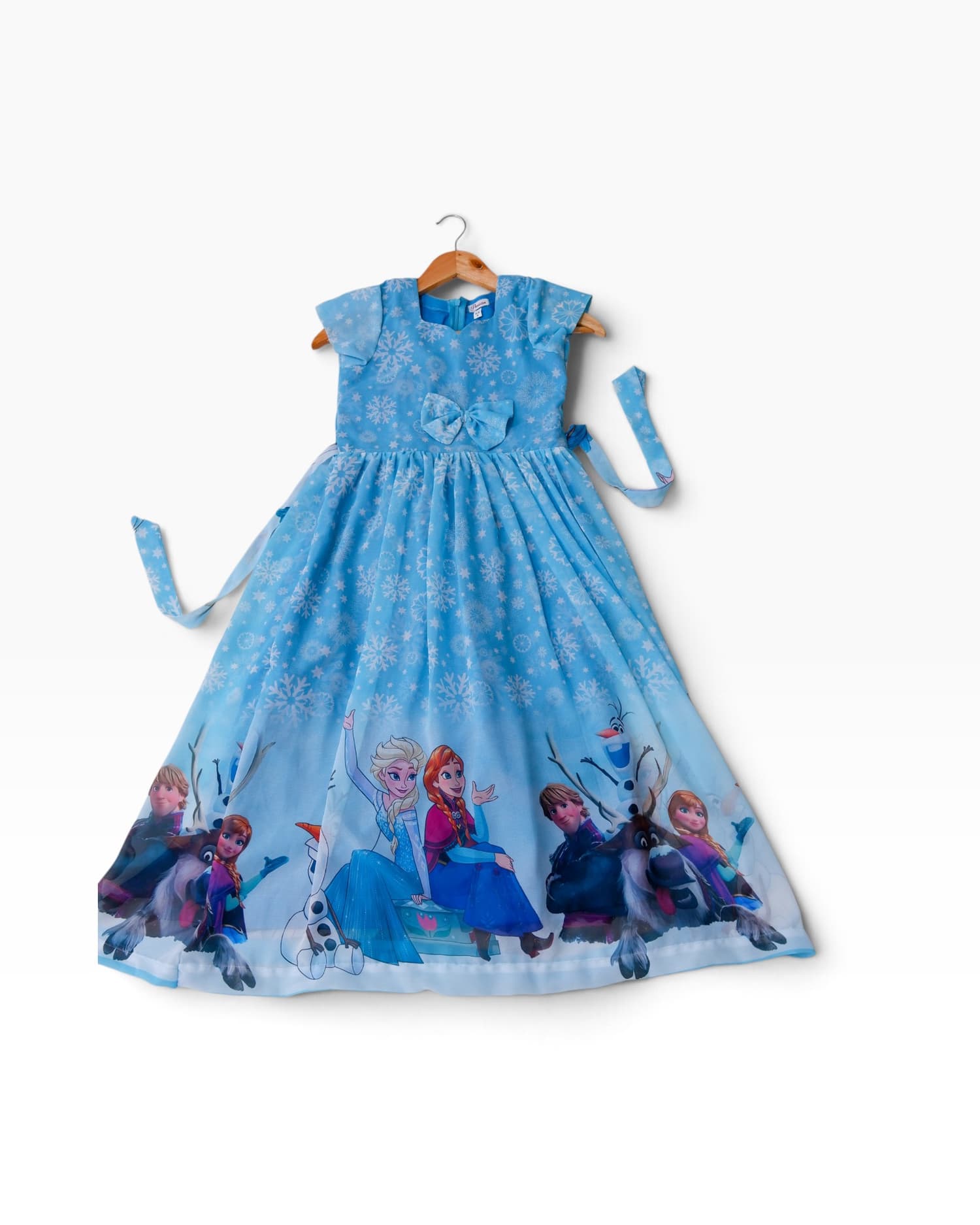 Sky Blue Frozen Princess Cartoon Print Party Frock for Girls(3-4 yrs)