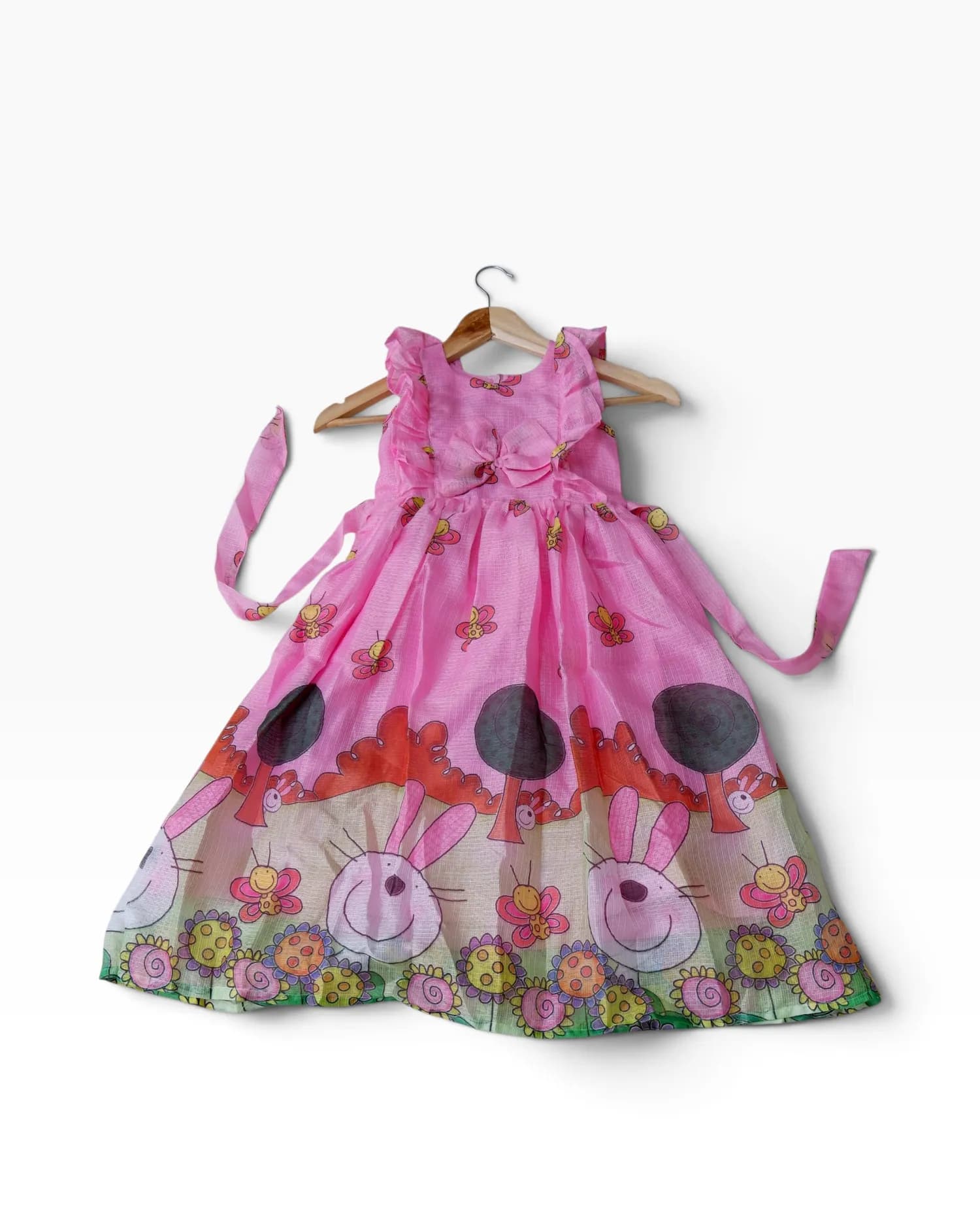Pink Butterfly & Bunny Print Party Frock for Girls(3-4 yrs)