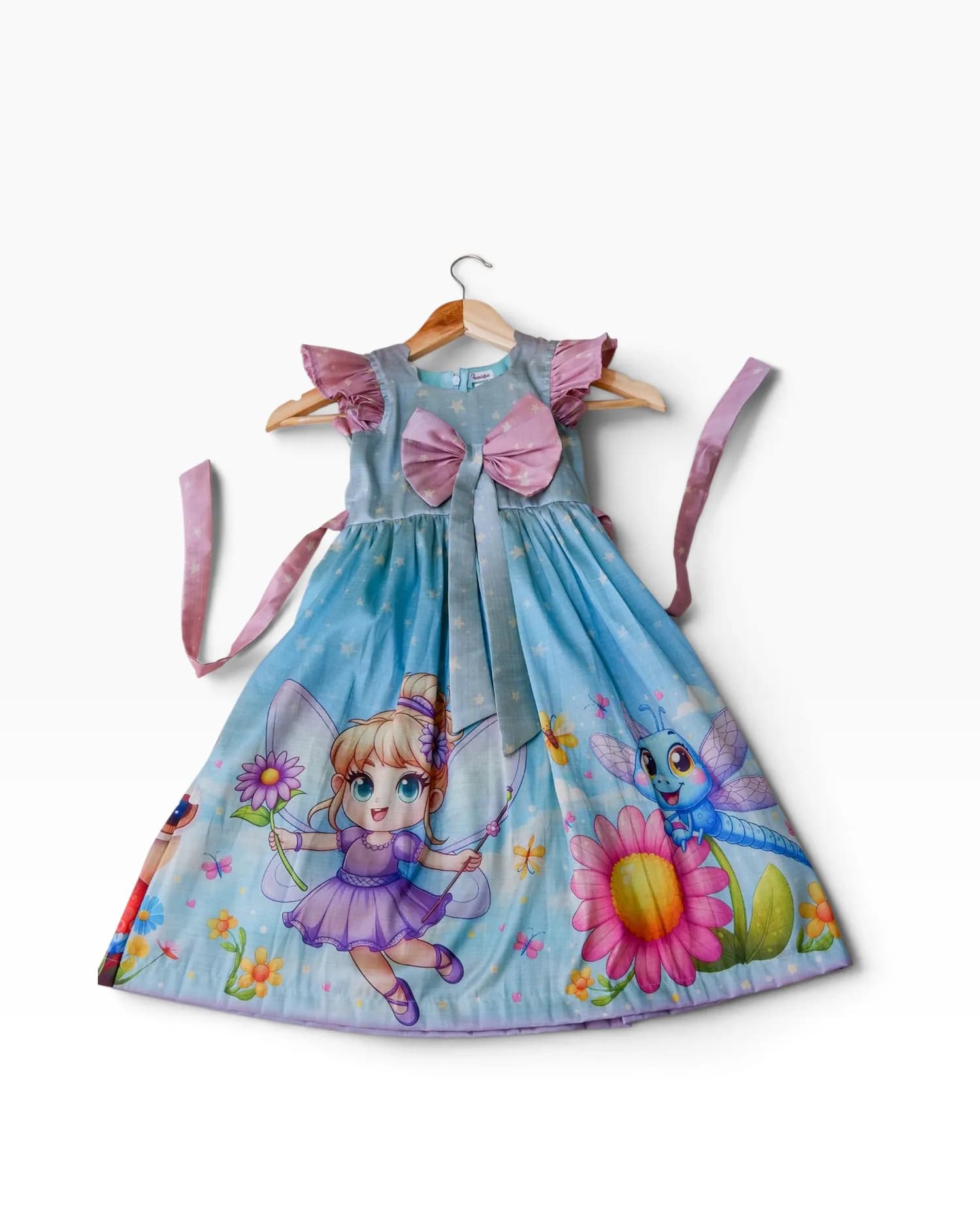 Pastel Blue Fairy & Butterfly Print Party Frock for Girls(3-4 yrs)