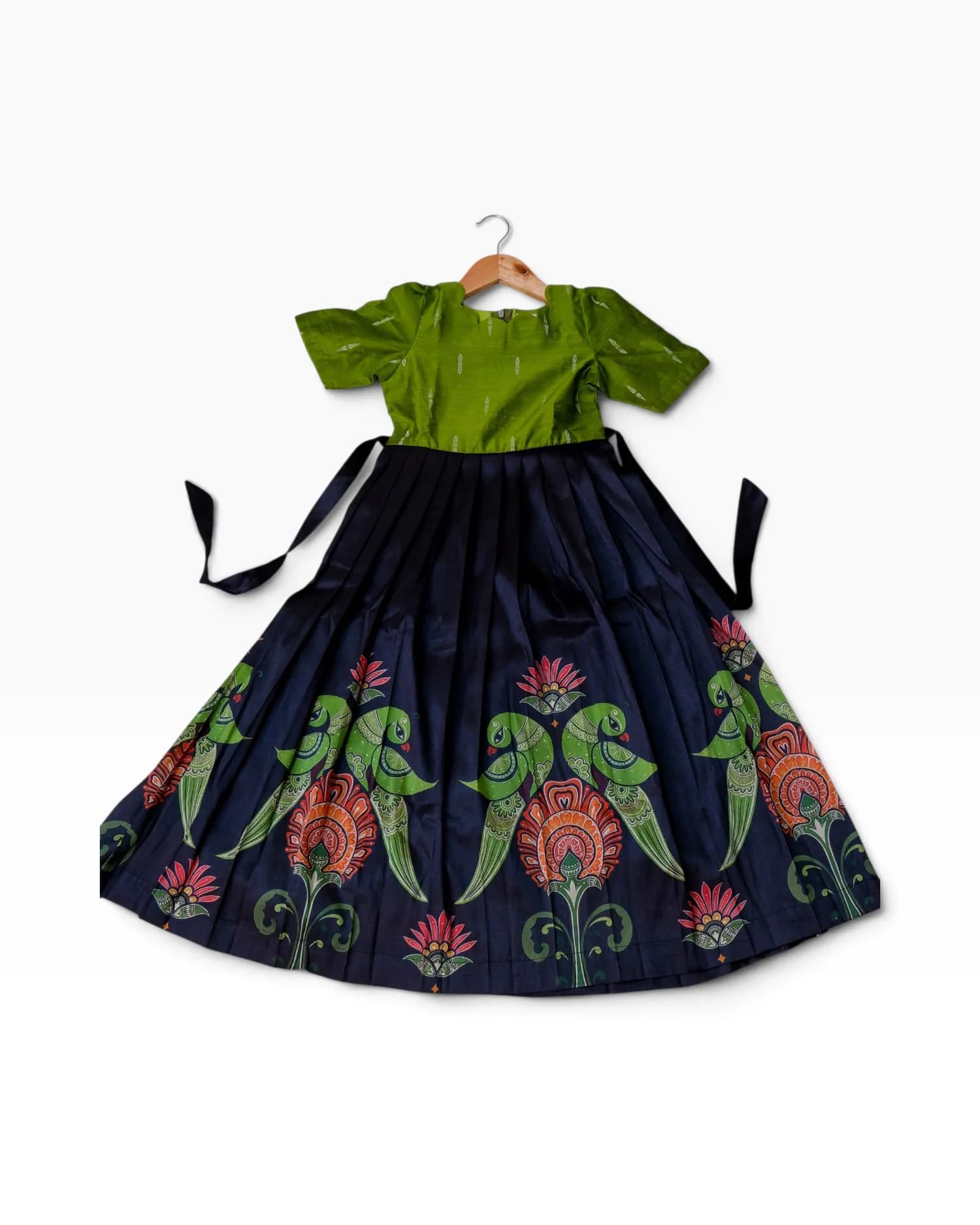 Green & Black Parrot Print Pleated Frock for Girls(5-6 yrs)