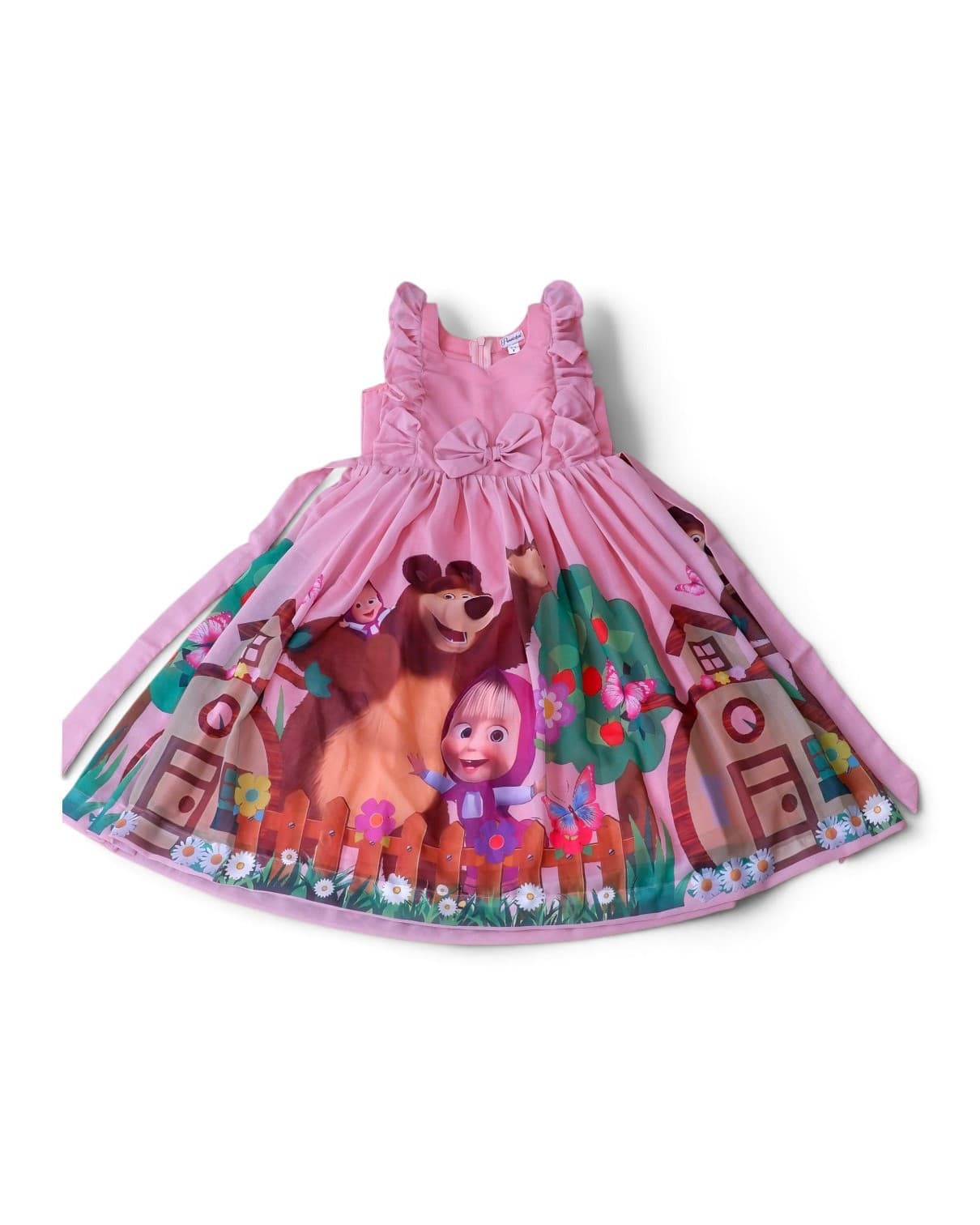 Adorable Masha and the Bear themed full frock for kids (Pink)(3-4 yrs)