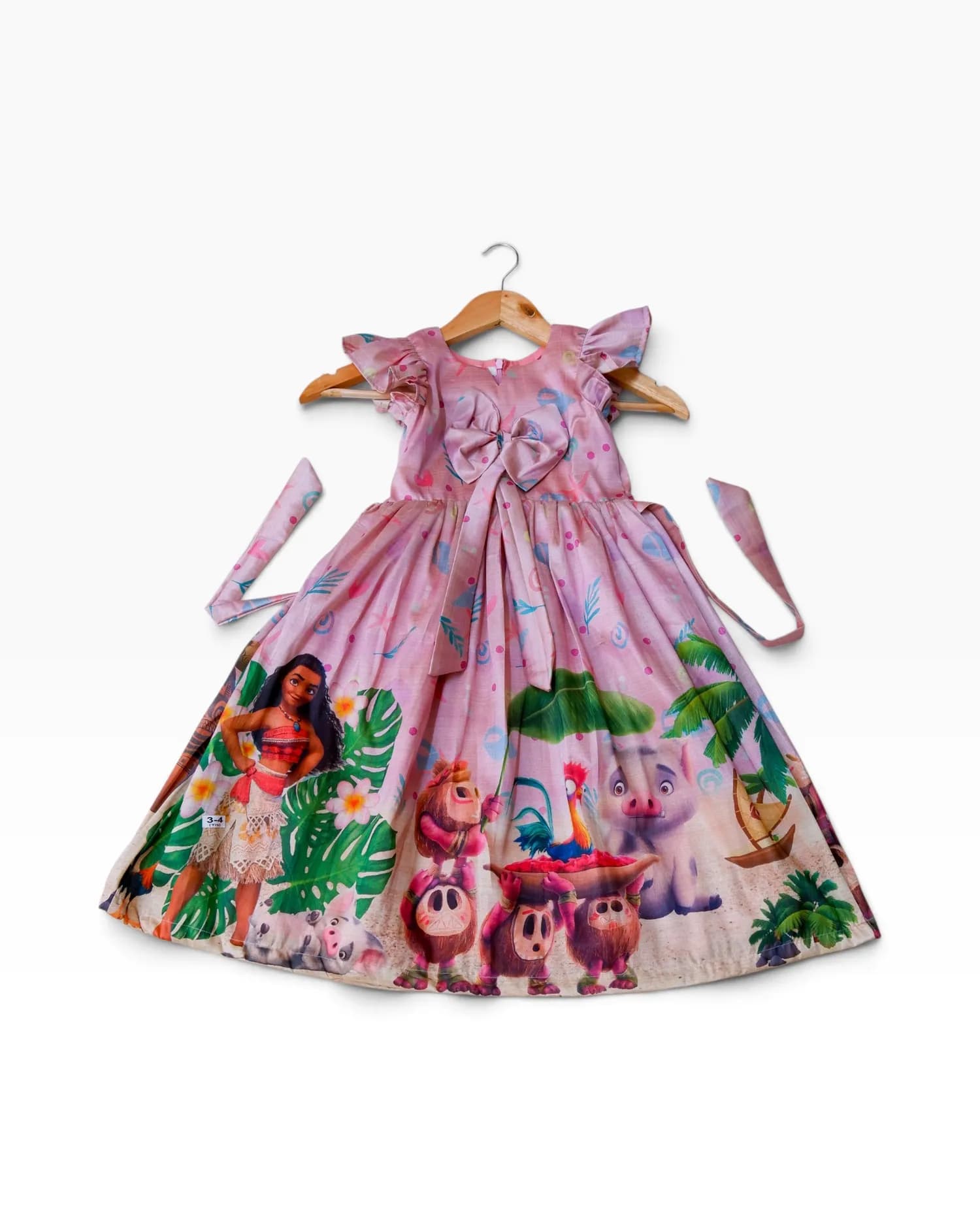 Pink Moana Cartoon Print Party Frock for Girls(3-4 yrs)