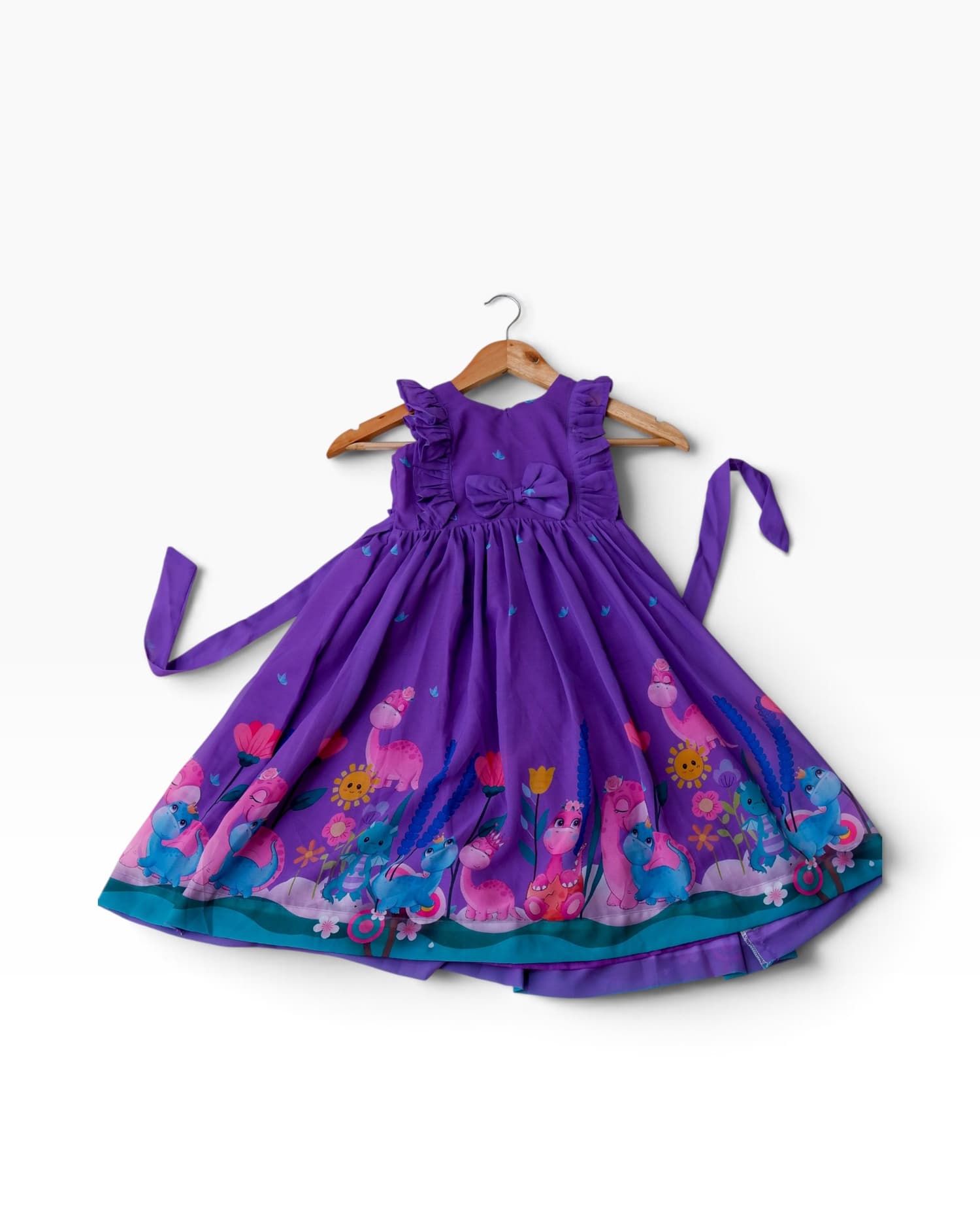 Purple Dinosaur & Floral Print Party Frock for Girls(3-4 yrs)
